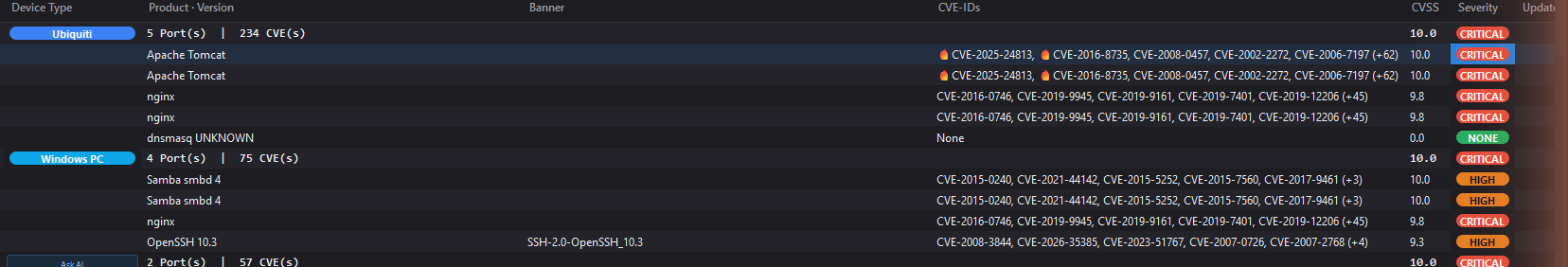 LANsentry scan results with real CVE IDs, CVSS scores and color-coded severity badges, including a KEV marker